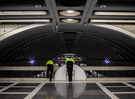 inside a building with security guards