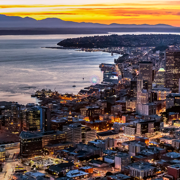 Arial view of Seattle at sunset.