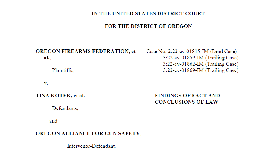 Image of front page of Oregon Firearms Federation, Inc. v. Kotek findings of fact and conclusions of law.