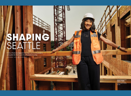 Portrait of Faith Li Pettis on a construction site from Washington Super Lawyers Magazine.